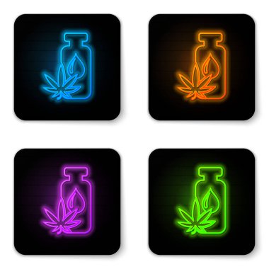 Parlayan neon rengi tıbbi marihuana ya da kenevir yaprağı zeytinyağı damlası ikonu beyaz arka planda izole edilmiş. Esrar özütü. Kenevir sembolü. Siyah kare düğme. Vektör İllüstrasyonu