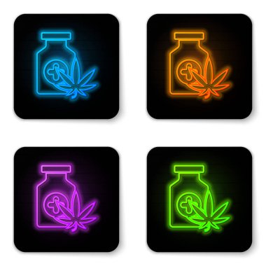 Beyaz arka planda marihuana ya da kenevir yaprağı ikonu ile parlayan neon tıp şişesi. Kavanozlardaki kenevir yağı özlerini taklit et. Siyah kare düğme. Vektör İllüstrasyonu