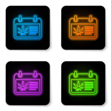 Beyaz arkaplanda parlayan neon takvim ve marihuana veya kenevir yaprağı ikonu izole. Ulusal esrar günü. Kenevir sembolü. Siyah kare düğme. Vektör İllüstrasyonu