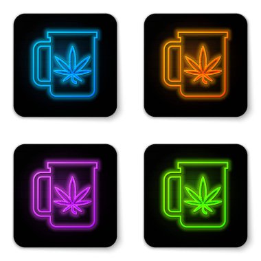 Beyaz arka planda marihuana veya kenevir yaprağı ikonu ile parlayan neon bardakta çay. Marihuanayı yasallaştırma. Kenevir sembolü. Siyah kare düğme. Vektör İllüstrasyonu