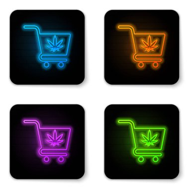 Beyaz arka planda marihuana ya da kenevir yaprağı ikonu ile parlayan neon alışveriş arabası. İnternetten satın alma. Teslimat servisi. Süpermarket sepeti. Siyah kare düğme. Vektör İllüstrasyonu