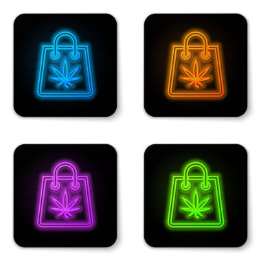 Beyaz arka planda parlayan neon renkli kağıt poşet dolusu tıbbi marihuana veya kenevir yaprağı ikonu. Kenevir almak. Kenevir sembolü. Siyah kare düğme. Vektör İllüstrasyonu