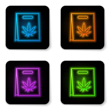 Beyaz arka planda parlayan neon renkli kağıt poşet dolusu tıbbi marihuana veya kenevir yaprağı ikonu. Kenevir almak. Kenevir sembolü. Siyah kare düğme. Vektör İllüstrasyonu
