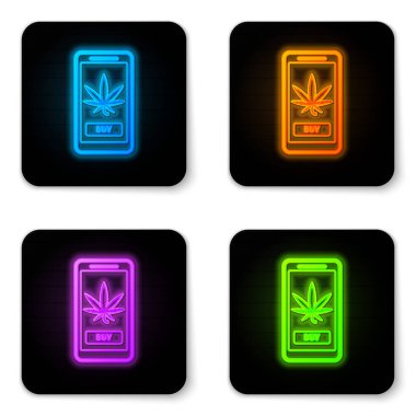 Parlayan neon cep telefonu ve tıbbi marihuana ya da beyaz arka planda izole edilmiş kenevir yaprağı ikonu. İnternetten satın alma sembolü. Süpermarket sepeti. Siyah kare düğme. Vektör İllüstrasyonu