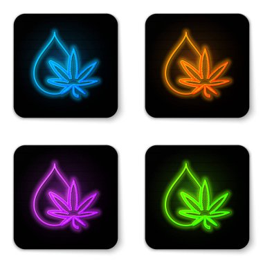 Parlayan neon rengi tıbbi marihuana ya da kenevir yaprağı zeytinyağı damlası ikonu beyaz arka planda izole edilmiş. Esrar özütü. Kenevir sembolü. Siyah kare düğme. Vektör İllüstrasyonu