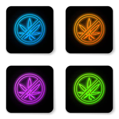 Parlayan neon dur esrarı ya da kenevir yaprağı ikonu beyaz arka planda izole edilmiş. Marihuana içmek yok. Kenevir sembolü. Siyah kare düğme. Vektör İllüstrasyonu