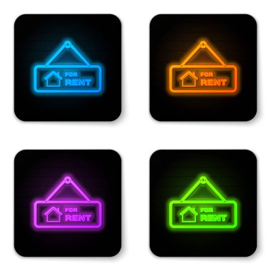 Kiralama simgesi için beyaz arkaplanda parlayan neon asılı işareti. Kiralık mesajlı pano. Siyah kare düğme. Vektör İllüstrasyonu