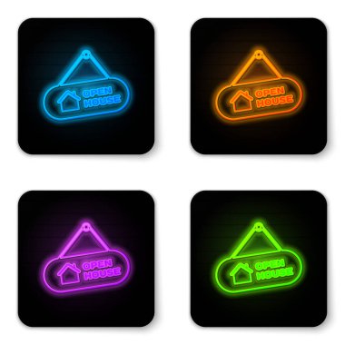 Beyaz arkaplanda izole edilmiş açık ev simgesiyle parlayan neon asma işareti. Açık Ev 'in yazılı olduğu tabela. Siyah kare düğme. Vektör İllüstrasyonu