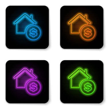 Beyaz arka planda dolar sembolü olan parıldayan neon ev. Ev ve para. Emlak konsepti. Siyah kare düğme. Vektör İllüstrasyonu
