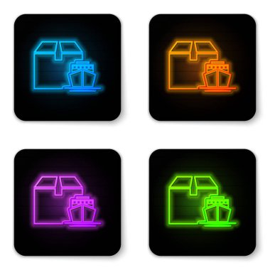 Parlayan neon kargo gemisi beyaz arka planda izole edilmiş kutu servis ikonu ile. Teslimat, ulaşım. Paketleri, kutuları, malları olan bir şilep. Siyah kare düğme. Vektör İllüstrasyonu