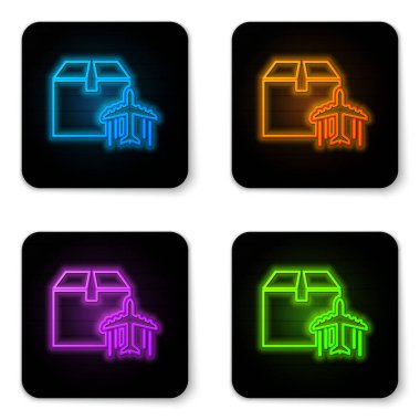 Parlayan neon uçak ve karton kutu simgesi beyaz arkaplanda izole edildi. Teslimat, ulaşım. Kargo hava yoluyla geliyor. Paketli uçaklar, kutular. Siyah kare düğme. Vektör İllüstrasyonu