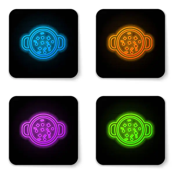 Glowing neon Cooking soup in pot icon isolated on white background. Boil or stew food symbol. Black square button. Vector Illustration — Stock Vector
