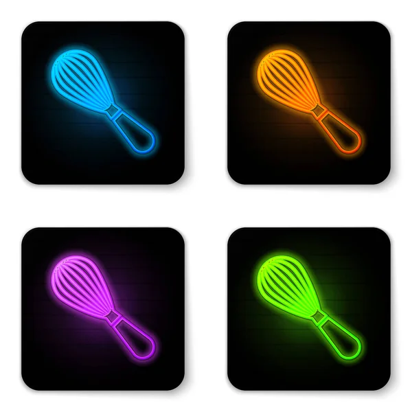 Gloeiende neon Kitchen garde icoon geïsoleerd op witte achtergrond. Kookgerei, eierklopper. Bestekbord. Voedselmix symbool. Zwarte vierkante knop. Vector Illustratie — Stockvector