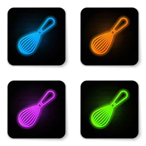 Glowing neon Kitchen whisk icon isolated on white background. Cooking utensil, egg beater. Cutlery sign. Food mix symbol. Black square button. Vector Illustration — Stock Vector