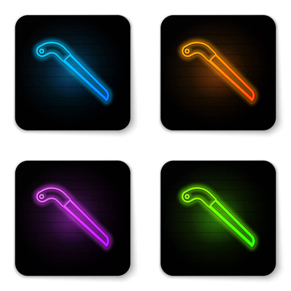 Glowing neon Garden saw icon isolated on white background. Black square button. Vector Illustration