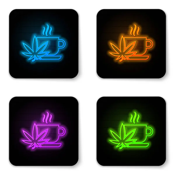 Świecąca neon Cup herbata z marihuaną lub ikoną liści marihuany izolowane na białym tle. Legalizacja marihuany. Symbol konopi. Czarny kwadrat. Ilustracja wektora — Wektor stockowy