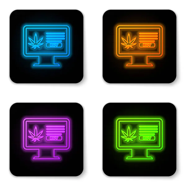 Świecący neon Monitor komputerowy i medyczna marihuana lub ikona liści marihuany odizolowane na białym tle. Symbol zakupu online. Kosz supermarketów. Czarny kwadrat. Ilustracja wektora — Wektor stockowy