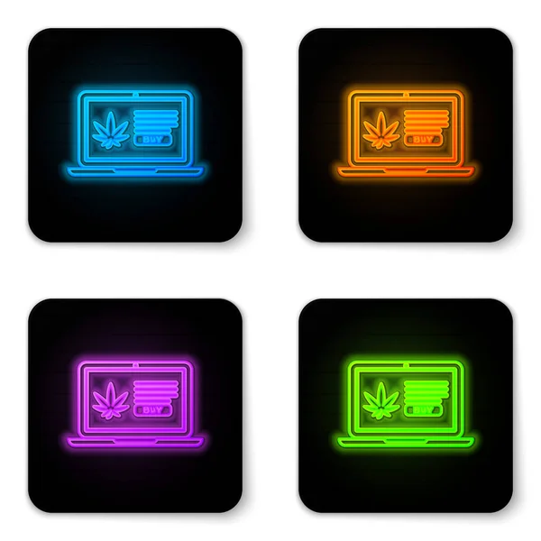 Leuchtender Neon-Laptop und medizinisches Marihuana oder Cannabisblatt auf weißem Hintergrund. Online-Kauf-Symbol. Supermarktkorb. schwarzer quadratischer Knopf. Vektorillustration — Stockvektor