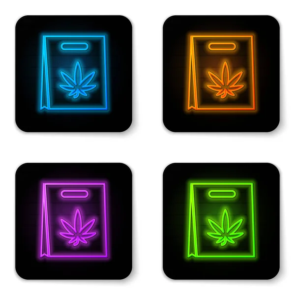 Brillante neón Bolsa de papel de compras de marihuana medicinal o icono de hoja de cannabis aislado sobre fondo blanco. Comprar cannabis. Un símbolo de cáñamo. Botón cuadrado negro. Ilustración vectorial — Archivo Imágenes Vectoriales