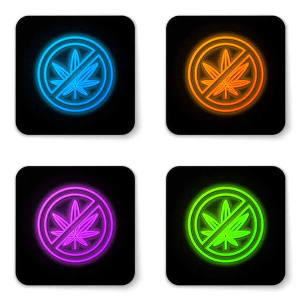 Parlayan neon dur esrarı ya da kenevir yaprağı ikonu beyaz arka planda izole edilmiş. Marihuana içmek yok. Kenevir sembolü. Siyah kare düğme. Vektör İllüstrasyonu
