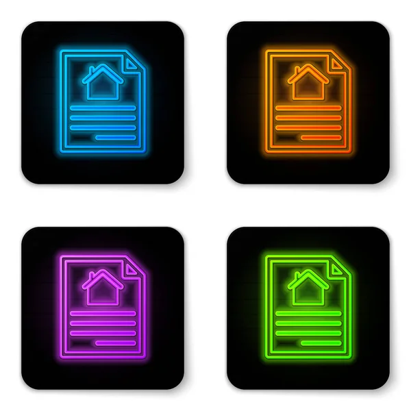 Glowing neon House contract icon isolated on white background. Contract creation service, document formation, application form composition. Black square button. Vector Illustration — Stock Vector