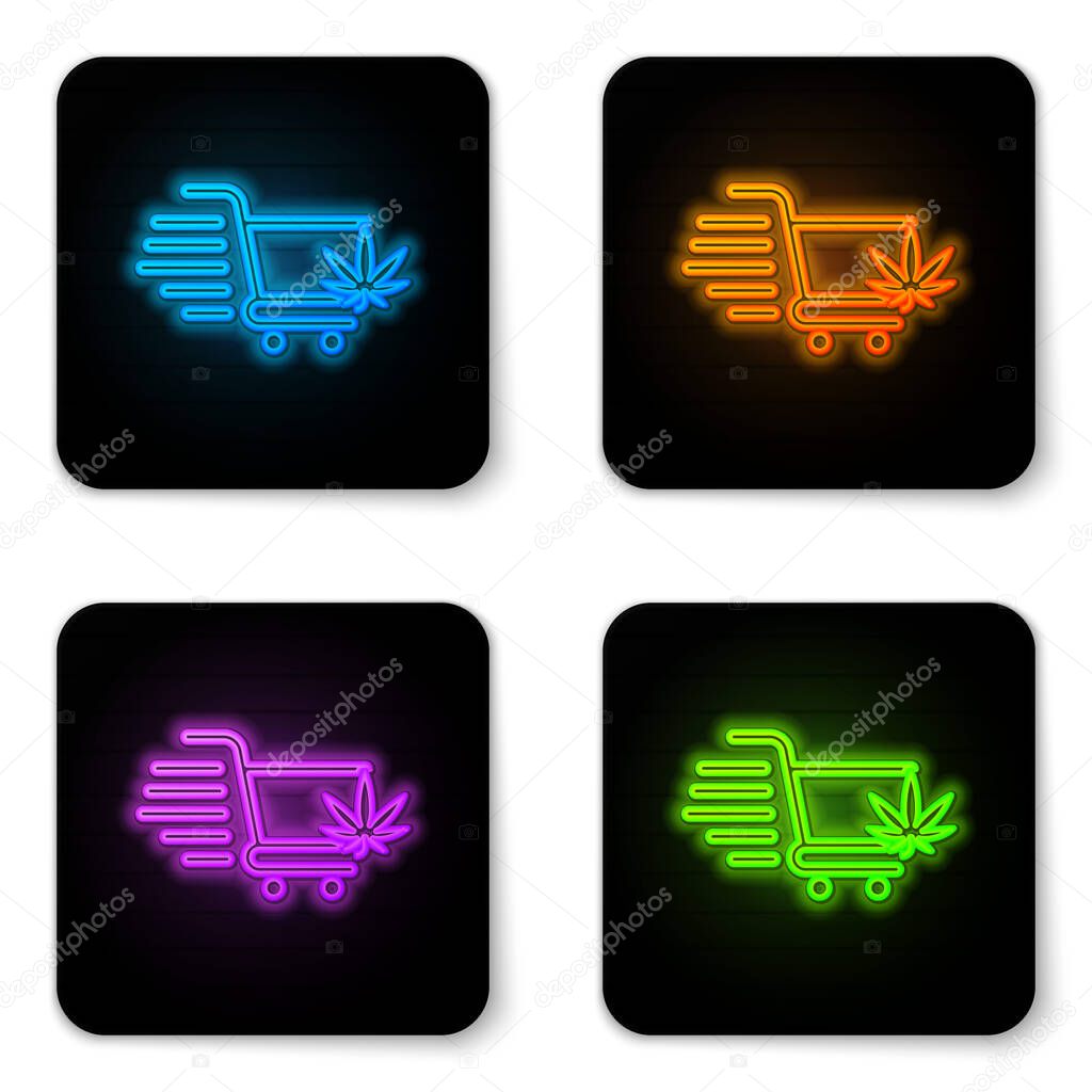 Glowing neon Shopping cart with marijuana or cannabis leaf icon isolated on white background. Online buying. Delivery service. Supermarket basket. Black square button. Vector Illustration
