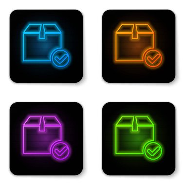 Beyaz arkaplanda işaret simgesi izole edilmiş parlak neon paket kutusu. İşaretli paket kutusu. Onaylanmış teslimat veya başarılı paket makbuzu. Siyah kare düğme. Vektör İllüstrasyonu