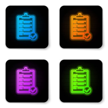 Dağıtım listesi panosunun parlayan neon doğrulaması ve beyaz arkaplanda izole edilmiş kalem simgesi. Siyah kare düğme. Vektör İllüstrasyonu