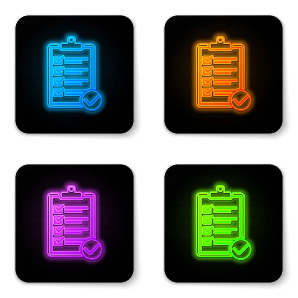 Glowing neon Verification of delivery list clipboard and pen icon isolated on white background. Black square button. Vector Illustration — Stock Vector