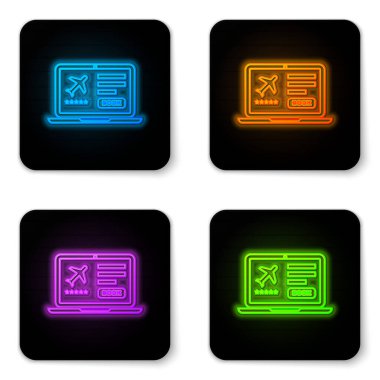 Beyaz arka planda elektronik geçiş kartı olan parlak neon dizüstü bilgisayar. Web ve uygulama için yolcu uçağı bileti. Siyah kare düğme. Vektör İllüstrasyonu