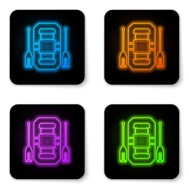 Parlayan neon rafting tekne simgesi beyaz arkaplanda izole edildi. Kürekleri olan şişme bir tekne. Su sporları, ekstrem sporlar, tatil, tatil, takım oluşturma. Siyah kare düğme. Vektör İllüstrasyonu