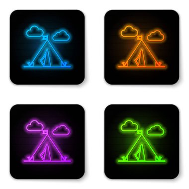 Beyaz arka planda izole edilmiş bayrak simgesiyle parlayan neon turist çadırı. Kamp sembolü. Siyah kare düğme. Vektör İllüstrasyonu