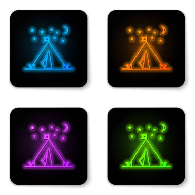 Beyaz arka planda izole edilmiş bayrak simgesiyle parlayan neon turist çadırı. Kamp sembolü. Siyah kare düğme. Vektör İllüstrasyonu