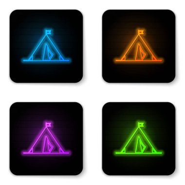 Beyaz arka planda izole edilmiş bayrak simgesiyle parlayan neon turist çadırı. Kamp sembolü. Siyah kare düğme. Vektör İllüstrasyonu