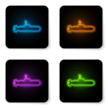Parlayan neon denizaltı ikonu beyaz arka planda izole edildi. Askeri gemi. Siyah kare düğme. Vektör İllüstrasyonu