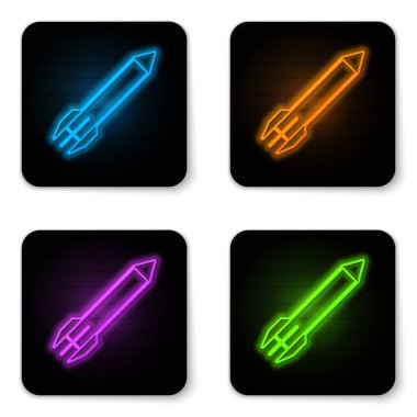 Parlayan neon roket simgesi beyaz arkaplanda izole edildi. Siyah kare düğme. Vektör İllüstrasyonu