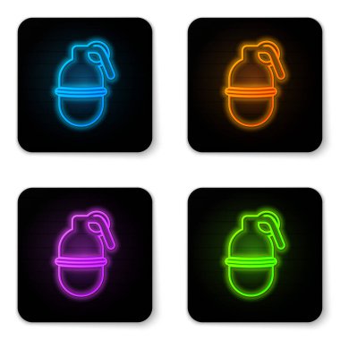 Parlayan neon el bombası ikonu beyaz arka planda izole edildi. Bomba patlaması. Siyah kare düğme. Vektör İllüstrasyonu