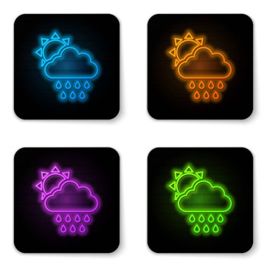 Parlayan neon bulutu, beyaz arka planda izole edilmiş yağmur ve güneş ikonu. Yağmur damlaları ile yağmur bulutu yağışı. Siyah kare düğme. Vektör İllüstrasyonu