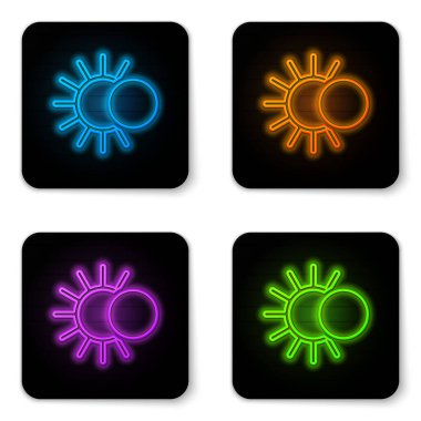 Parlayan neon tutulması beyaz arkaplanda izole edilmiş güneş ikonu. Tam sonar tutulması. Siyah kare düğme. Vektör İllüstrasyonu