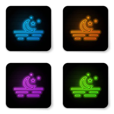 Parlayan neon Moon ve yıldız simgesi beyaz arka plan üzerinde izole. Siyah kare düğme. Vektör İllüstrasyonu