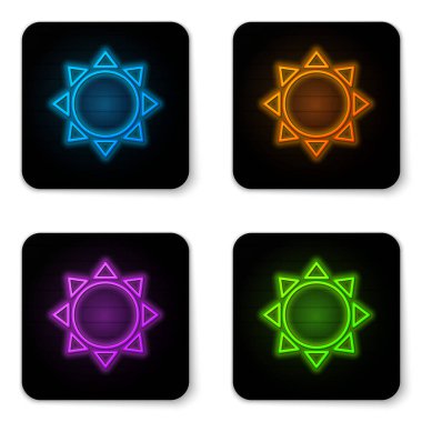 Beyaz arka planda izole parlayan neon Güneş simgesi. Siyah kare düğme. Vektör İllüstrasyonu