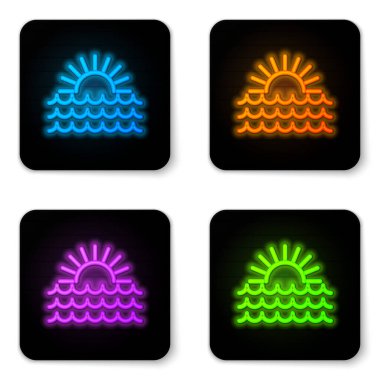 Parlayan neon günbatımı simgesi beyaz arkaplanda izole edildi. Siyah kare düğme. Vektör İllüstrasyonu