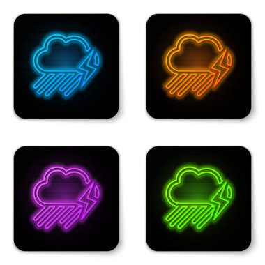 Parlayan neon bulutu, beyaz arka planda izole edilmiş yağmur ve yıldırım ikonu. Yağmur damlalı yağmur bulutu yağışı. Fırtına ikonu. Siyah kare düğme. Vektör İllüstrasyonu