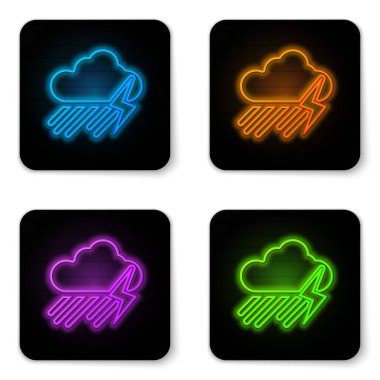 Parlayan neon bulutu, beyaz arka planda izole edilmiş yağmur ve yıldırım ikonu. Yağmur damlalı yağmur bulutu yağışı. Fırtına ikonu. Siyah kare düğme. Vektör İllüstrasyonu