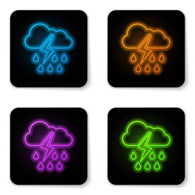 Parlayan neon bulutu, beyaz arka planda izole edilmiş yağmur ve yıldırım ikonu. Yağmur damlalı yağmur bulutu yağışı. Fırtına ikonu. Siyah kare düğme. Vektör İllüstrasyonu