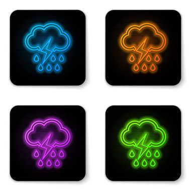 Parlayan neon bulutu, beyaz arka planda izole edilmiş yağmur ve yıldırım ikonu. Yağmur damlalı yağmur bulutu yağışı. Fırtına ikonu. Siyah kare düğme. Vektör İllüstrasyonu