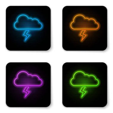 Beyaz arka planda izole parlayan neon Storm simgesi. Bulut ve şimşek işareti. Fırtınanın hava ikonu. Siyah kare düğme. Vektör İllüstrasyonu