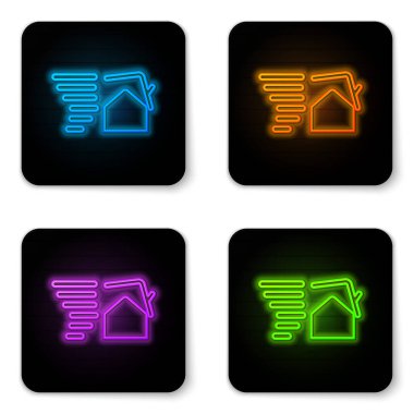 Parlayan neon kasırga girdabı beyaz arkaplanda izole edilmiş çatı simgesine zarar veriyor. Kasırga, kasırga, fırtına bacası, kasırga rüzgar ikonu. Siyah kare düğme. Vektör İllüstrasyonu