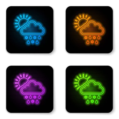 Glowing neon Cloud with snow, rain and sun icon isolated on white background. Weather icon. Black square button. Vector Illustration
