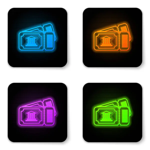 Glowing neon Museum ticket icon isolated on white background. History museum ticket coupon event admit exhibition excursion. Black square button. Vector Illustration — 图库矢量图片